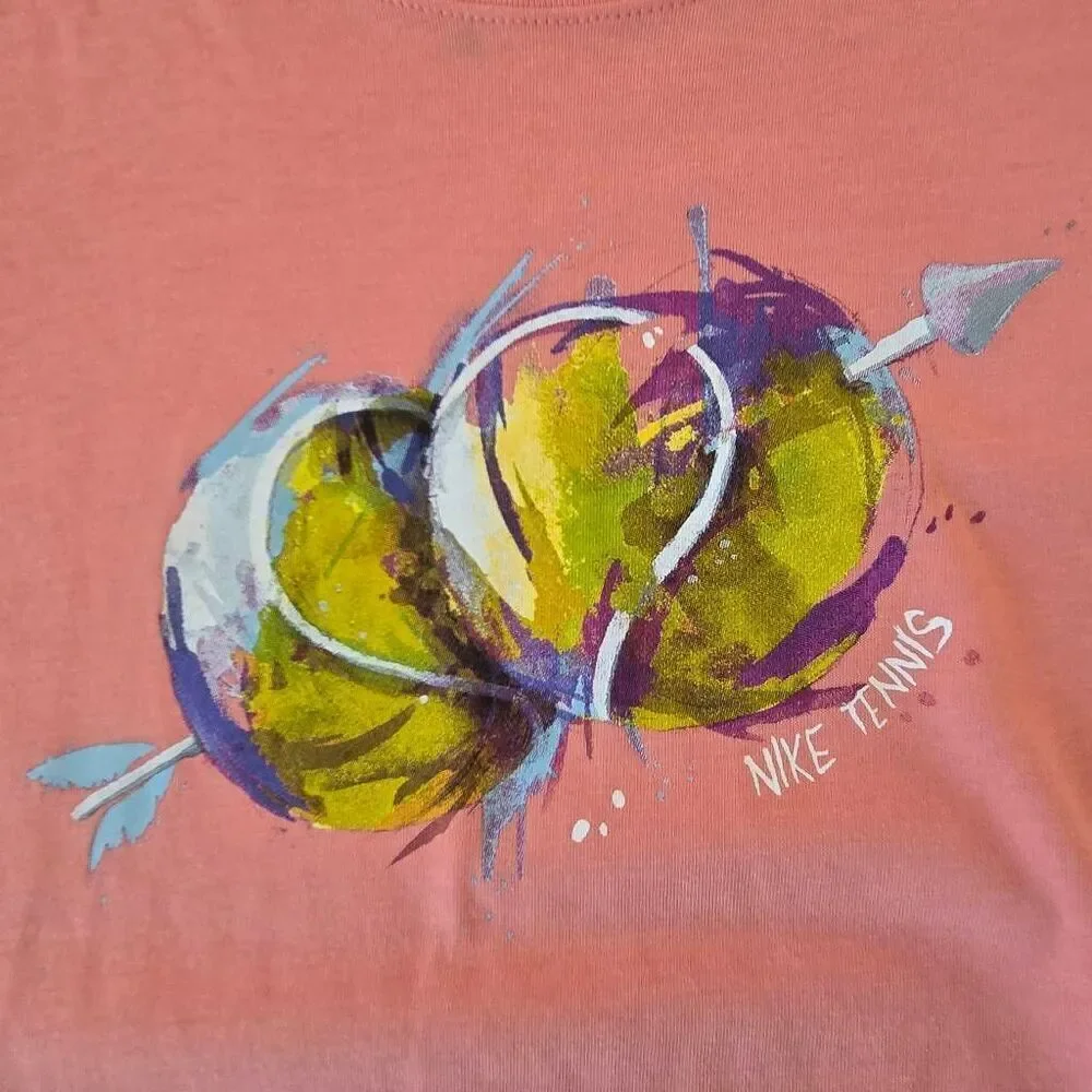 Nike Womens Dri Fit Long Sleeve Peach Tennis Ball Graphic Tee Shirt Large